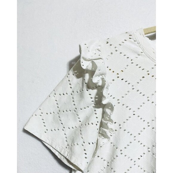 Zara Top Womens Medium Eyelet Short Sleeve Ruffle Trim White Stretch Knit Boho - Picture 2 of 6